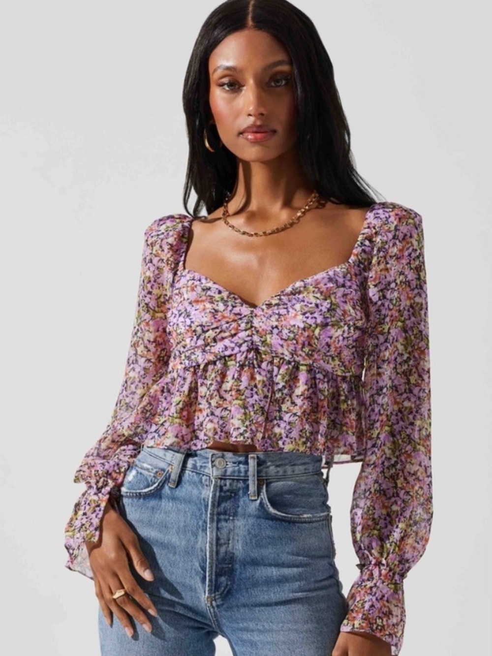 Astr Purple Floral Sweetheart Cropped Blouse